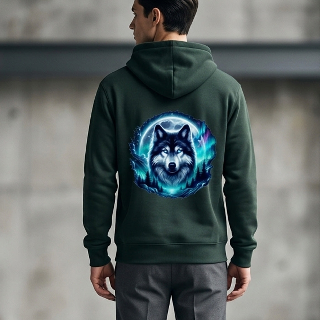 Men's  wearing a green hoodie with a wolf design on the back against a concrete wall.