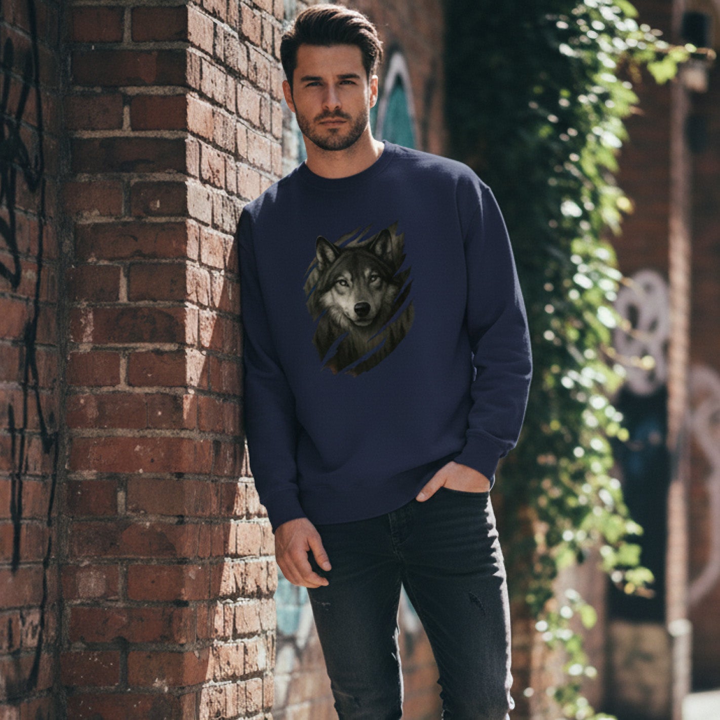 Man wearing a navy blue sweatshirt with a wolf design, leaning against a brick wall.