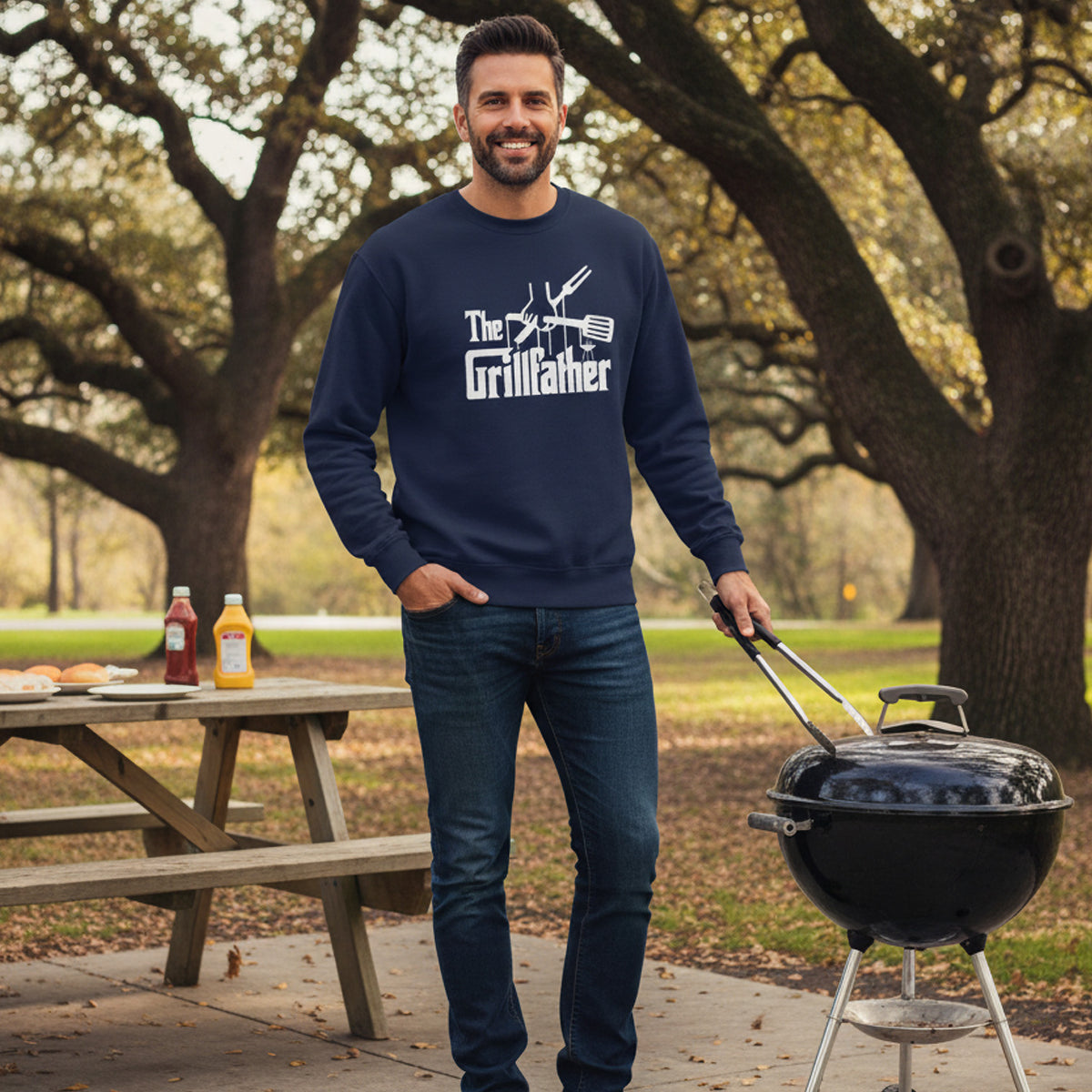 Man wearing a navy sweatshirt with 'The Grillfather' text, standing next to a barbecue grill in a park.