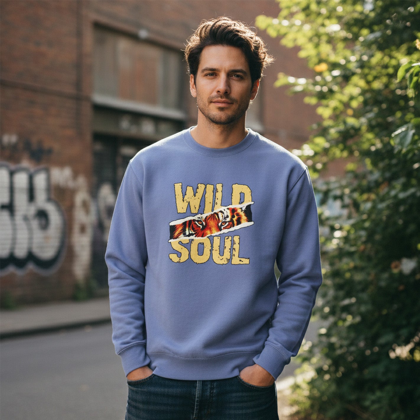 Man wearing a blue sweatshirt with 'Wild Soul' text, standing outdoors against a brick wall and tree.