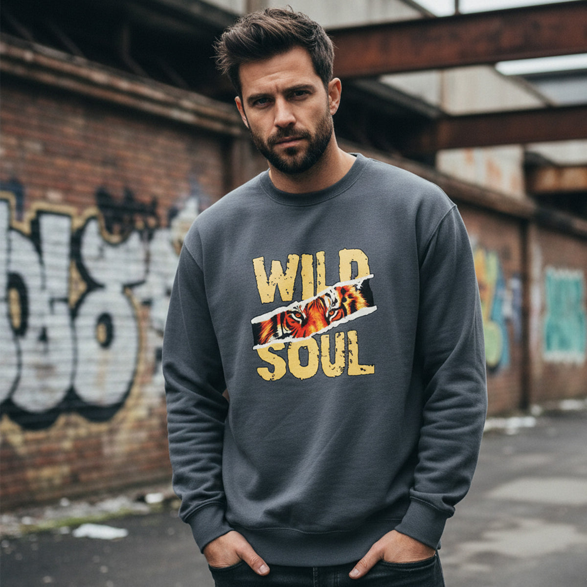 Man wearing a gray sweatshirt with 'Wild Soul' and tiger design in front of graffiti-covered walls.