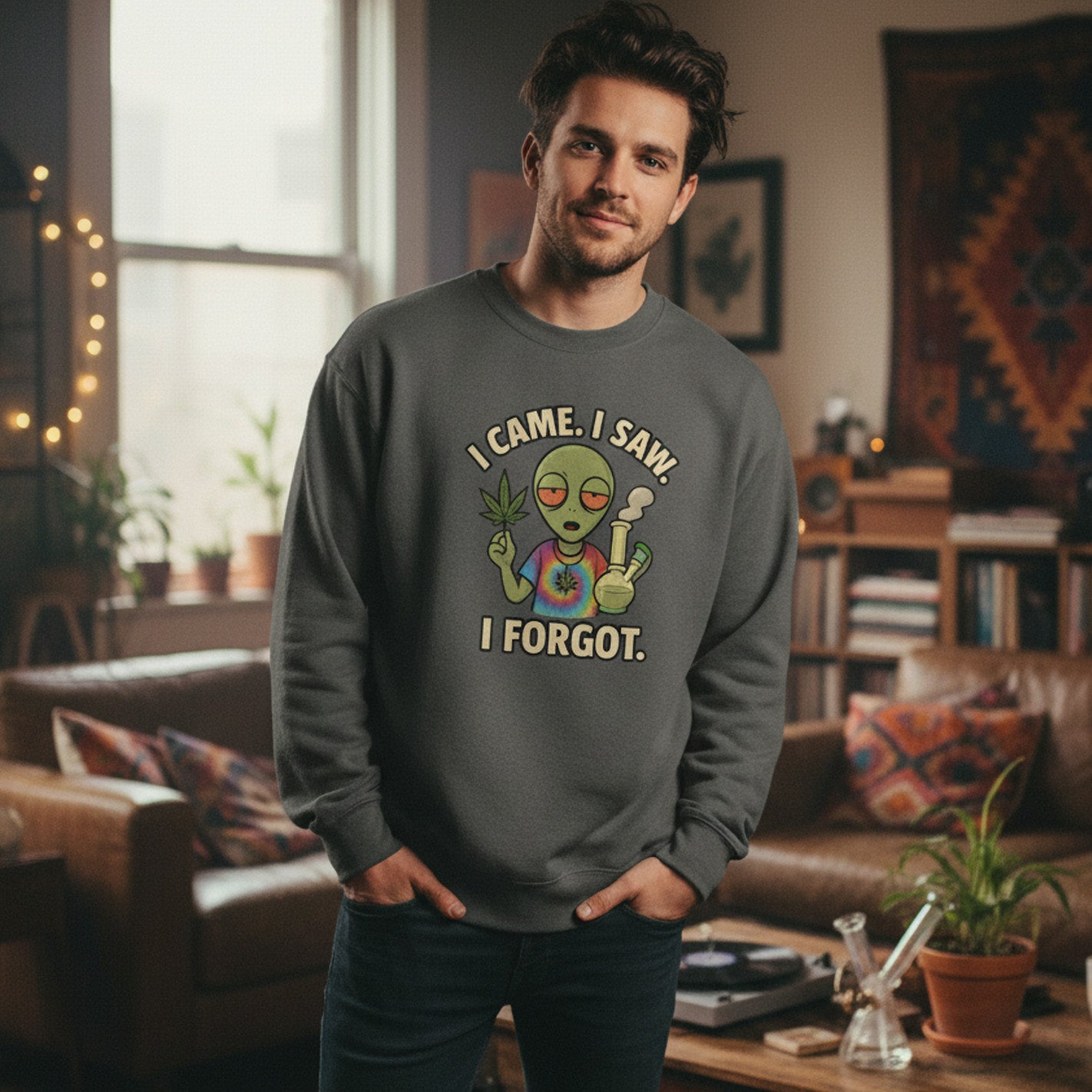 Man wearing a gray sweatshirt with an alien graphic and text in a living room.
