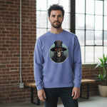 Man wearing a blue sweatshirt with a skull design in an urban setting