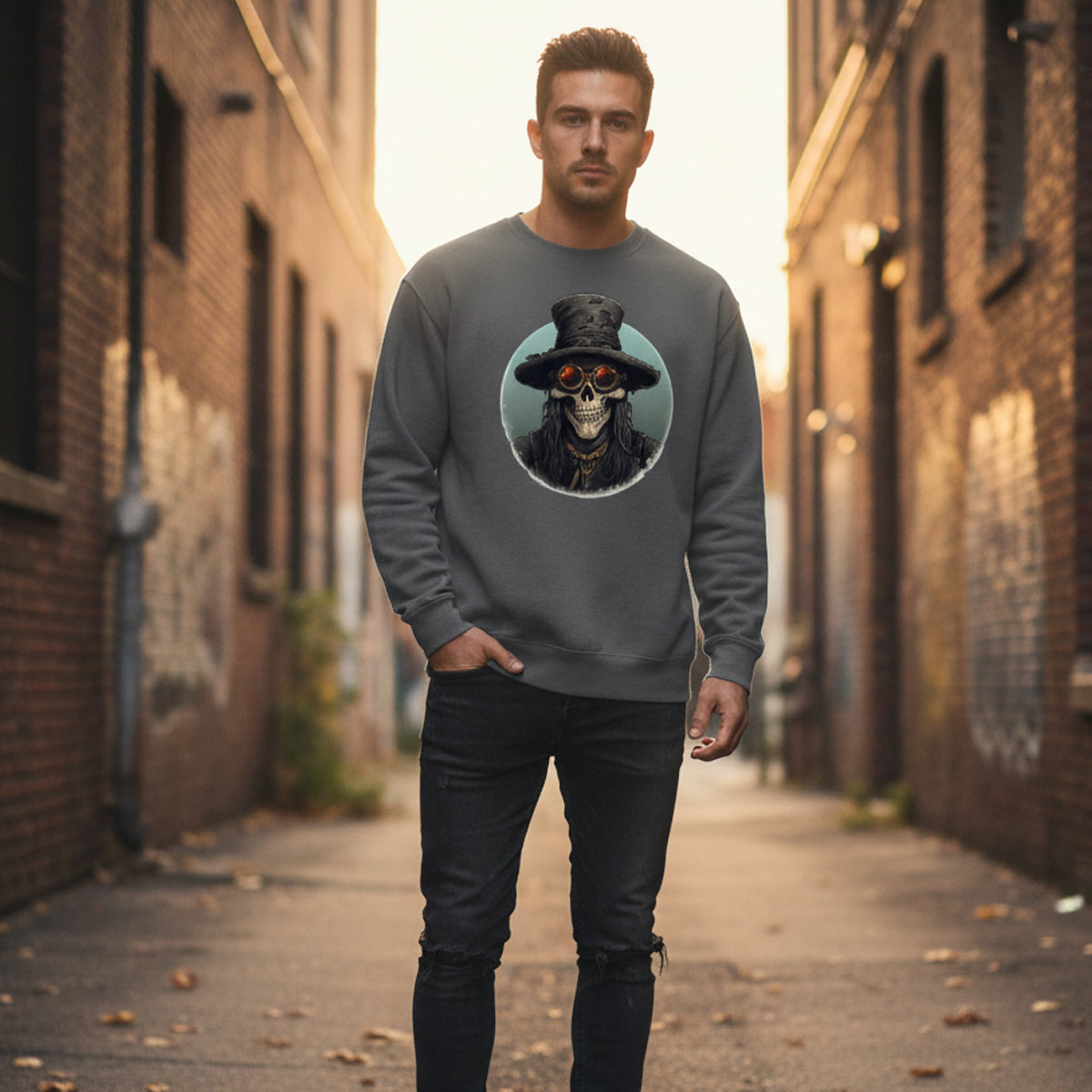Man wearing a gray sweatshirt with a graphic design of a skull in an alleyway.