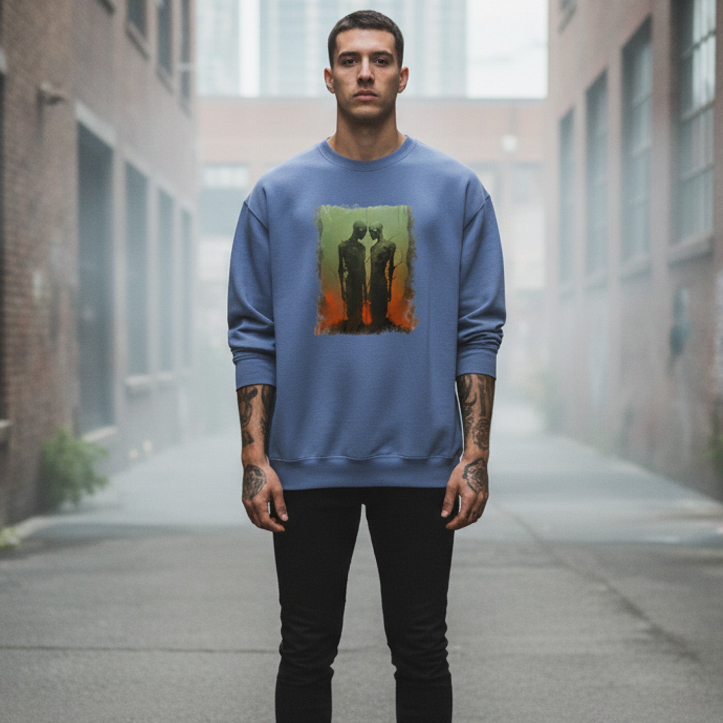 A man with tattoos stands in an urban alleyway, wearing a blue sweatshirt featuring abstract art of two figures. The background is misty with tall buildings visible in the distance.