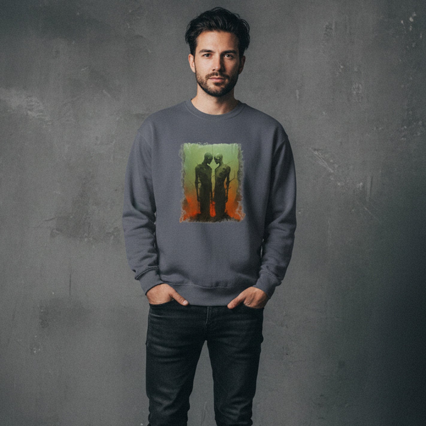 A man with dark hair and a beard stands against a gray textured wall, wearing a dark sweatshirt with a colorful graphic of two shadowy figures and a green and orange background.