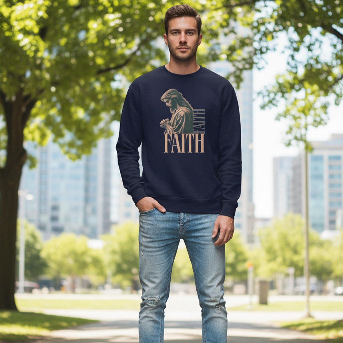 Man wearing a navy sweatshirt with a religious design and 'FAITH' text, standing outdoors with trees and buildings in the background.
