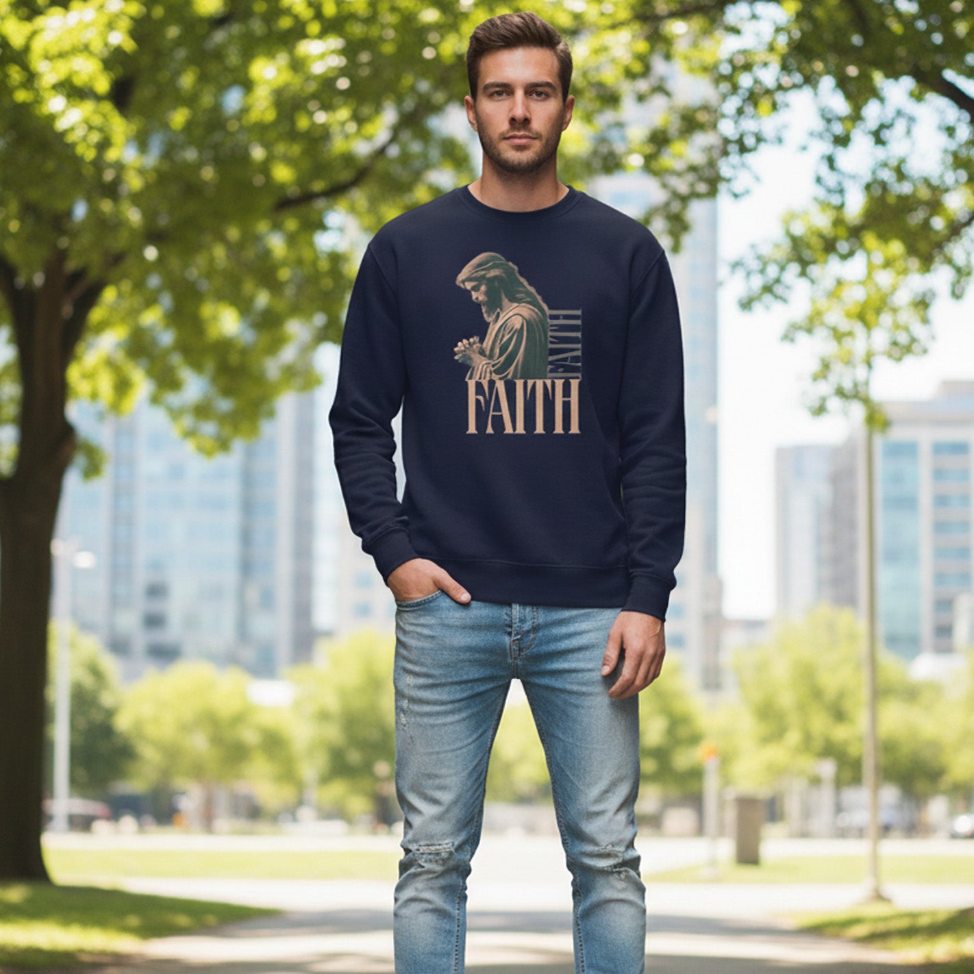 Man wearing a navy sweatshirt with a religious design and 'FAITH' text, standing outdoors with trees and buildings in the background.