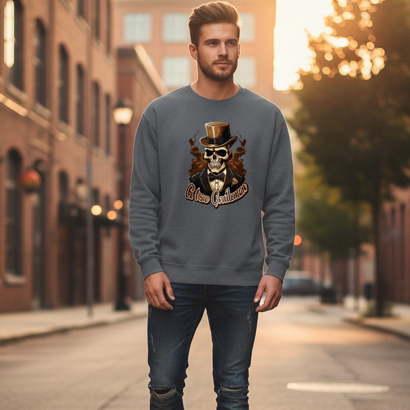 Man wearing a gray sweatshirt with a skull design on a city street.