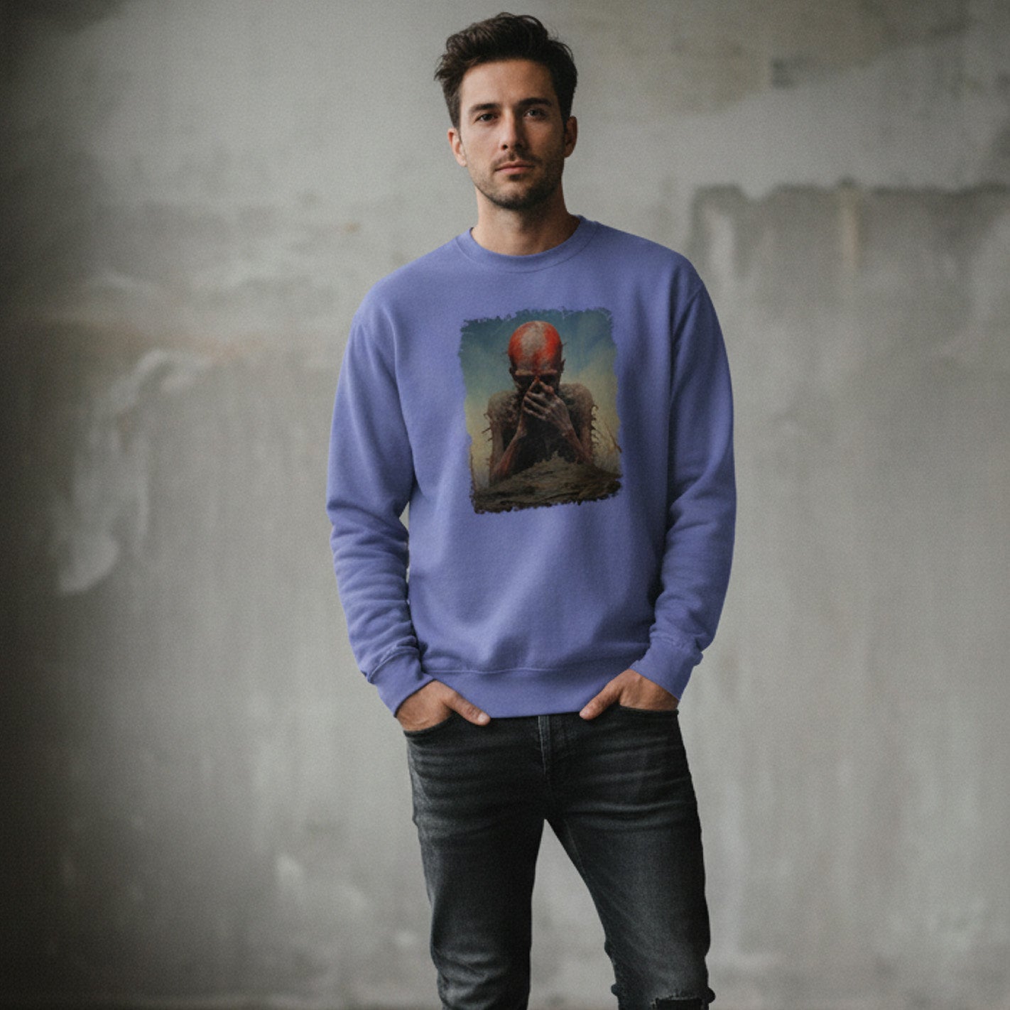 A man stands indoors wearing a purple sweatshirt with an artistic print of a red-faced figure holding its head, paired with dark jeans, against a textured gray wall.