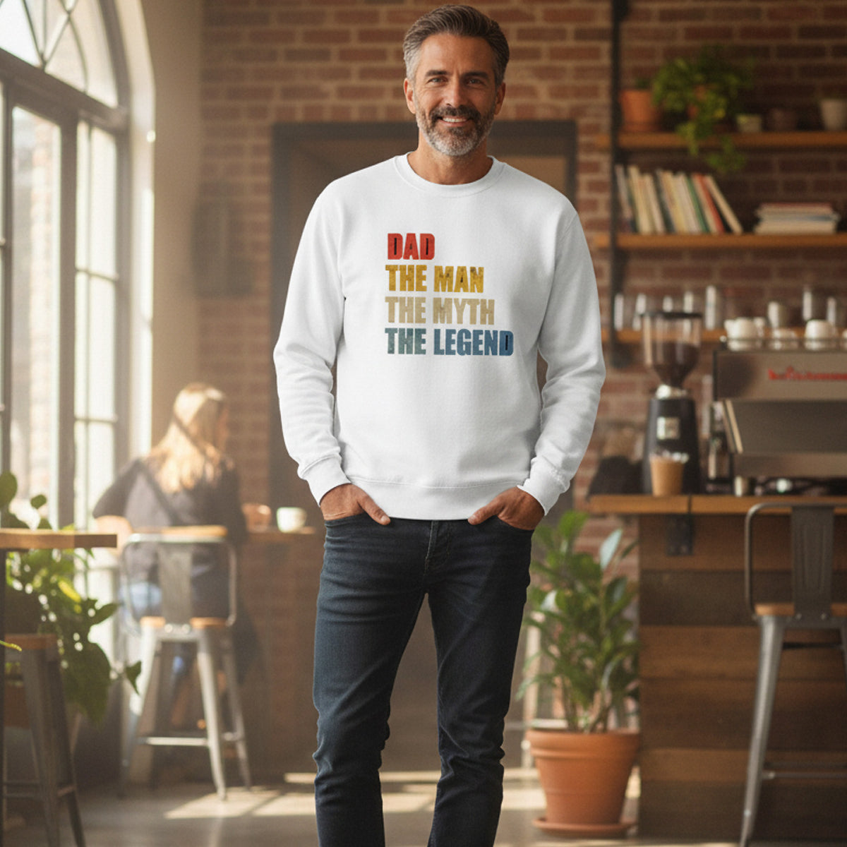 Man wearing a white sweatshirt with colorful text in a casual setting