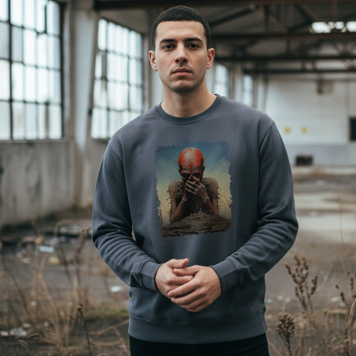 A man stands in an abandoned industrial building, wearing a gray sweatshirt with artwork depicting a distressed figure covering its face. Dry plants and broken windows are visible in the background.
