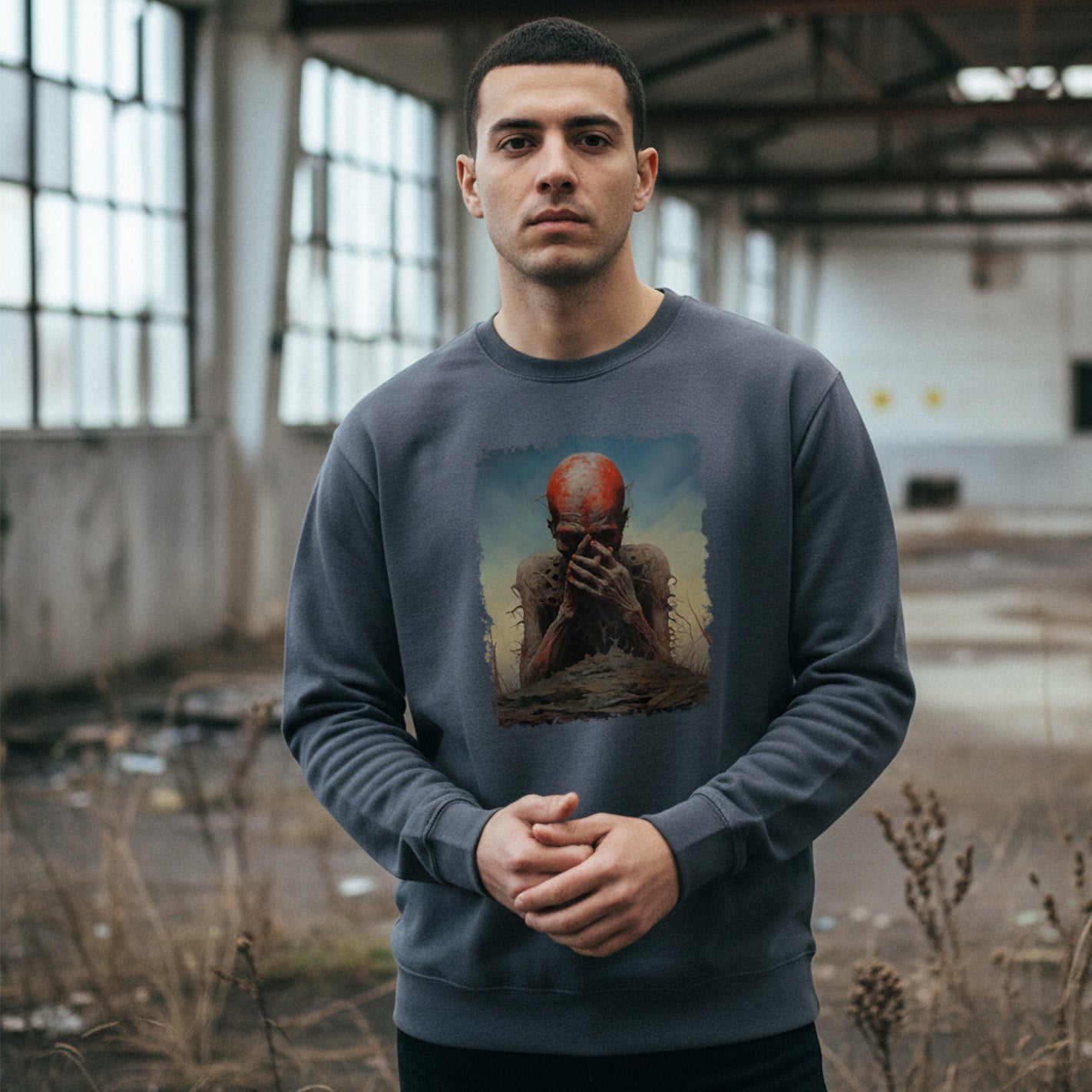A man stands in an abandoned industrial building, wearing a gray sweatshirt with artwork depicting a distressed figure covering its face. Dry plants and broken windows are visible in the background.