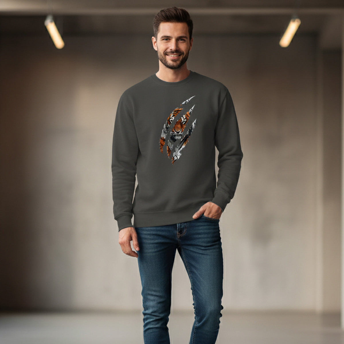 A man in a dark sweatshirt with a graphic tiger claw mark design and blue jeans stands indoors, smiling, with blurred lights and a neutral background.