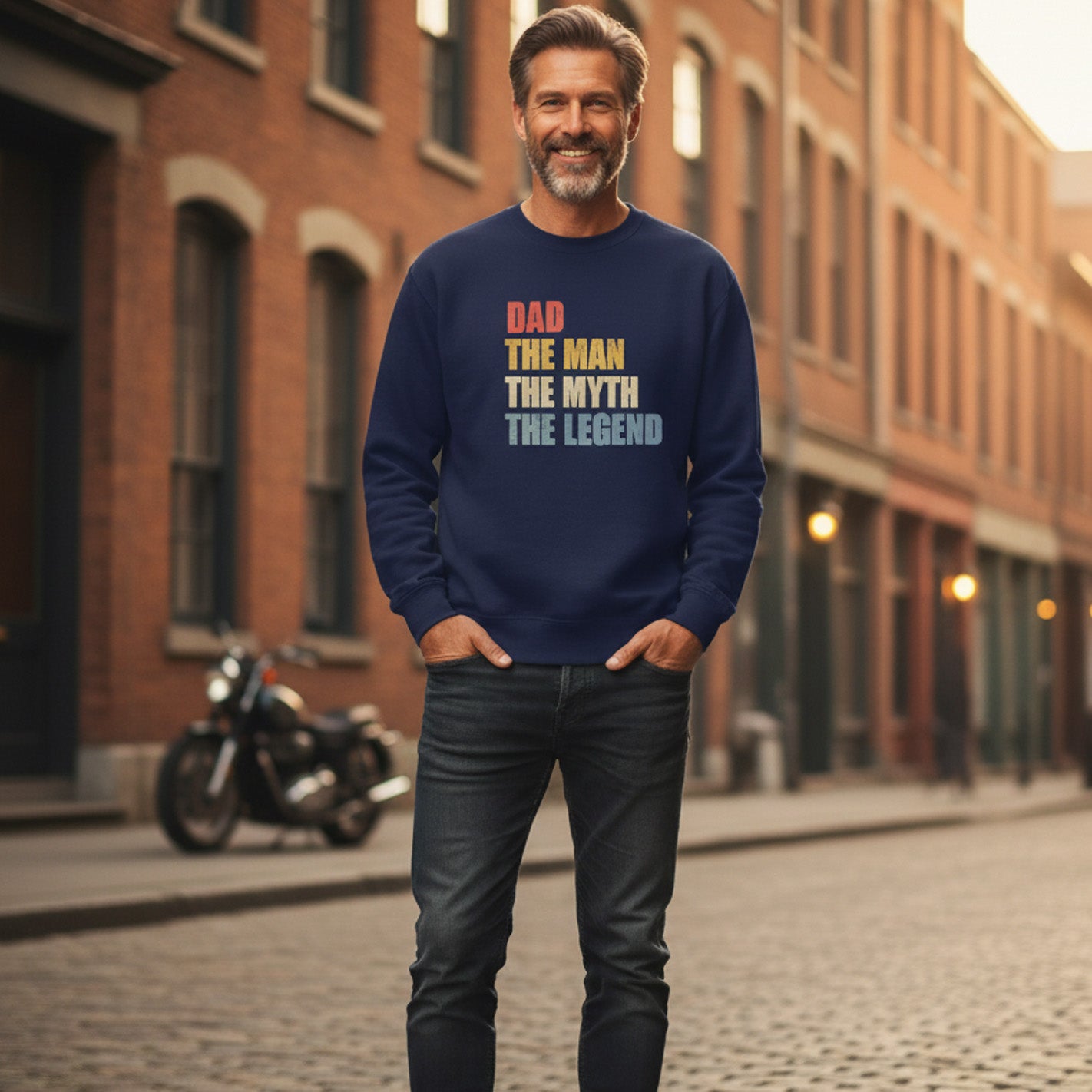 Man wearing a navy blue sweatshirt with colorful text in an urban setting