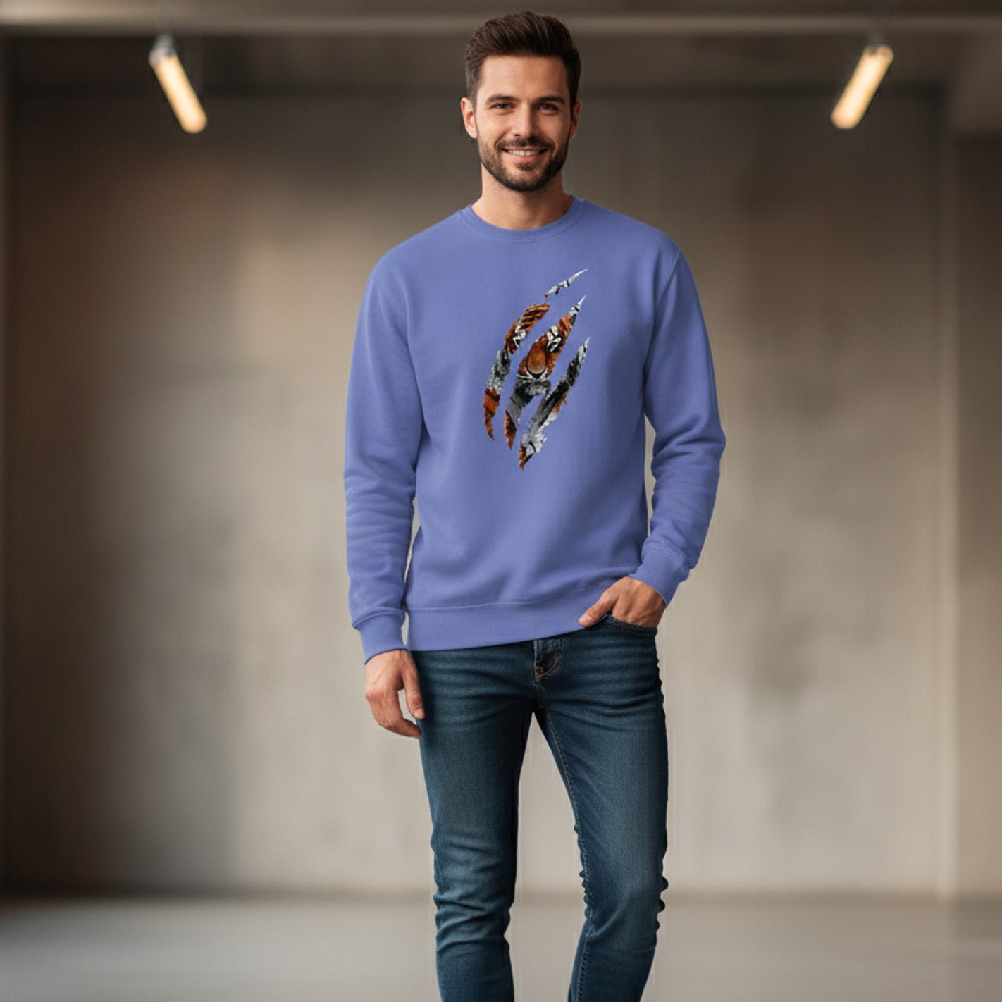 A man with short brown hair and a beard wears a lavender sweatshirt with an abstract  tiger design and blue jeans, standing in a modern indoor setting with grey walls and ceiling lights.