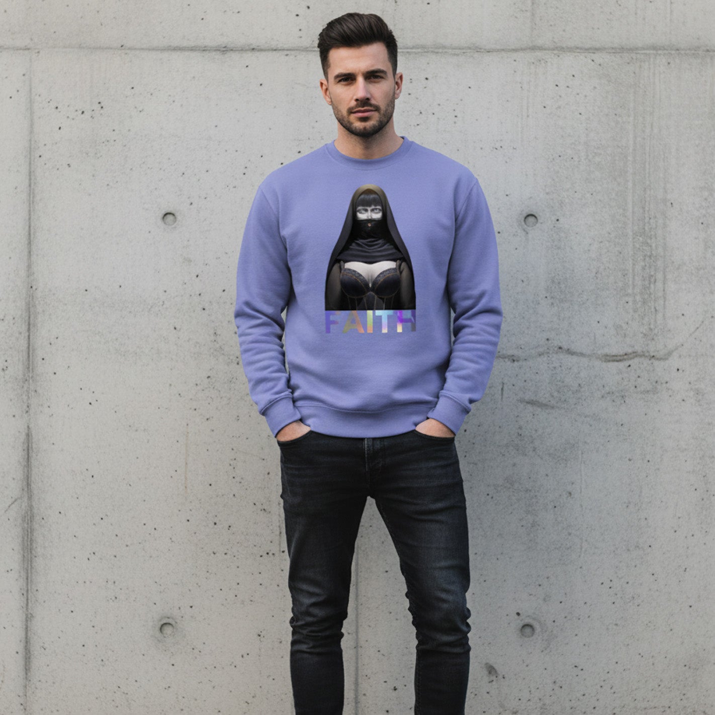 A man stands against a concrete wall, wearing a lavender sweatshirt featuring an illustrated nun in black robes and the word "FAITH" in bold letters beneath the image. He has dark hair and a trimmed beard.