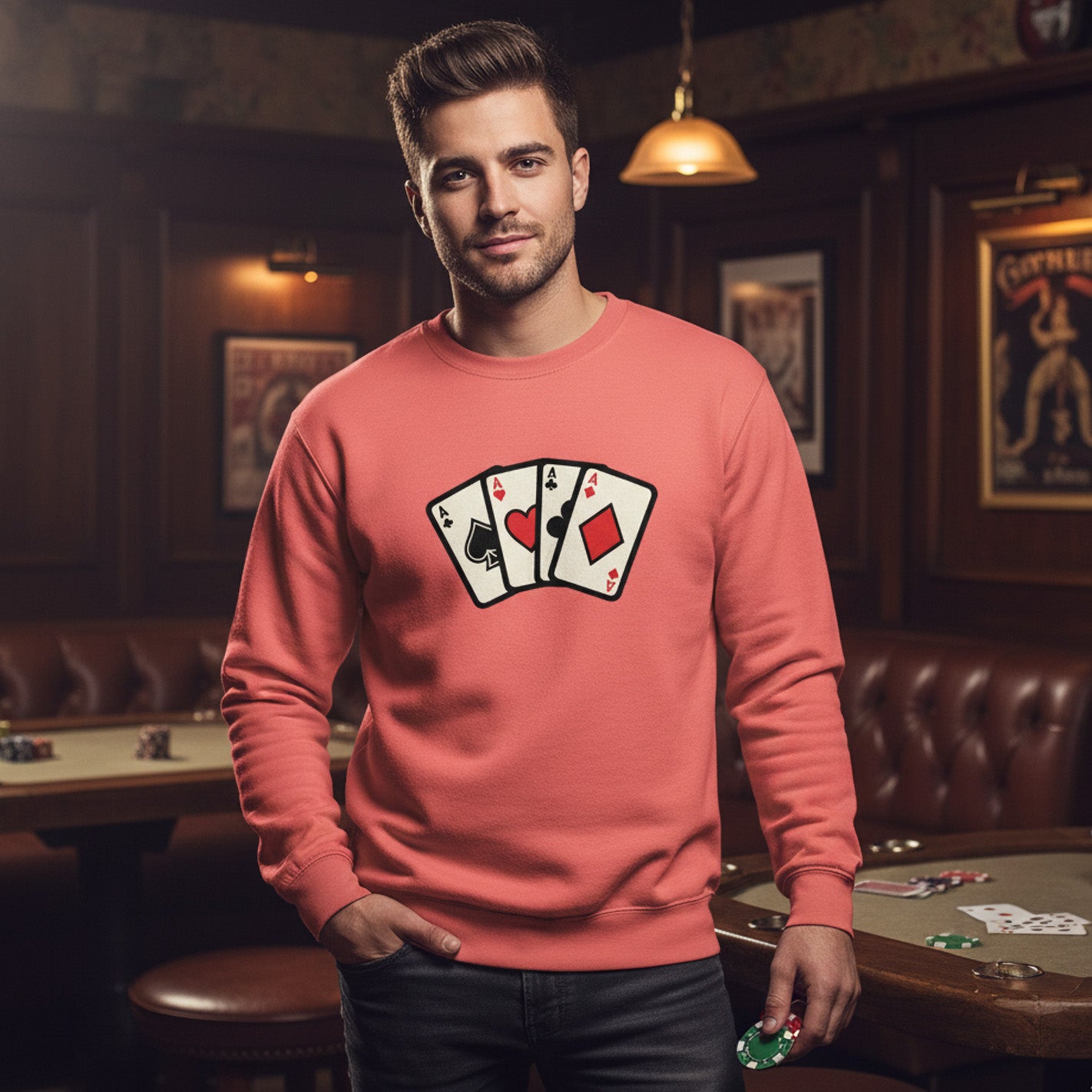 Man wearing a pink sweatshirt with playing card design in a casino setting