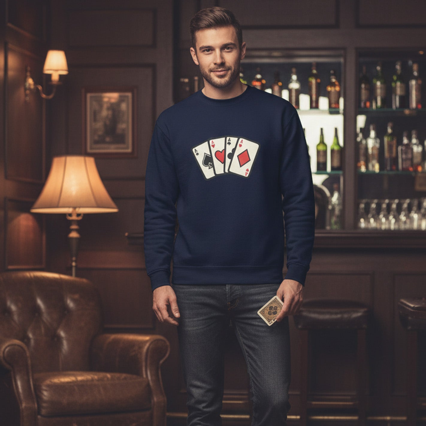 Man wearing a navy blue sweatshirt with playing card design in a bar setting