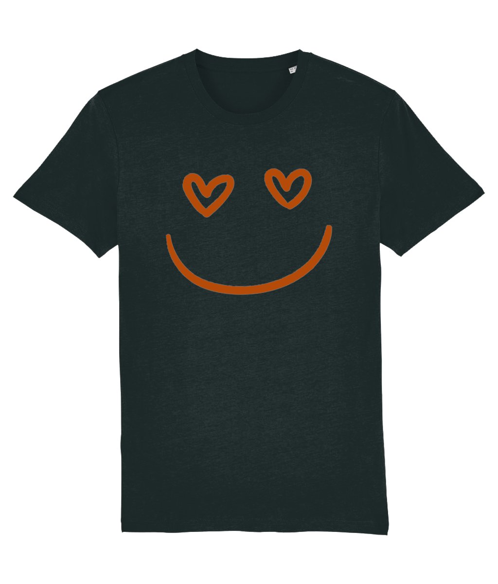 Women's Black t-shirt with a smiley face design featuring heart eyes on a white background