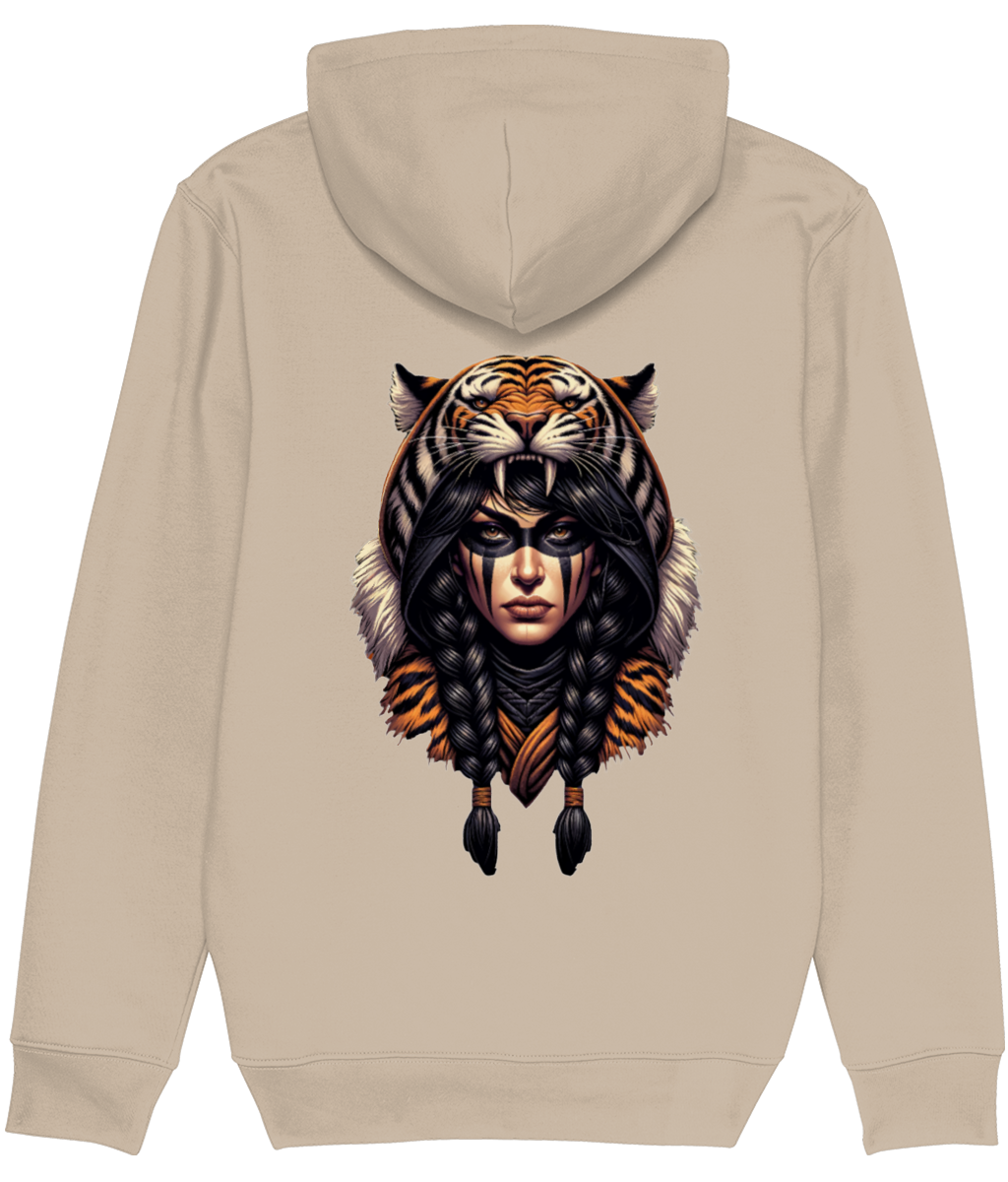 A womens beige pullover hoodie shown from the back, featuring a large graphic print of a tiger's head and face with long braided hair on the center back.
