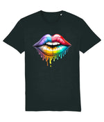 Women's Black t-shirt with a colorful lips graphic on a white background