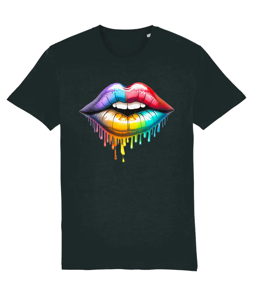 Women's Black t-shirt with a colorful lips graphic on a white background
