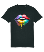Women's Black t-shirt with a colorful lips graphic on a white background