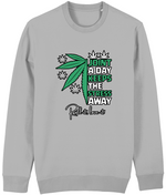 Men's Gray sweatshirt with cannabis leaf design and text on a white background