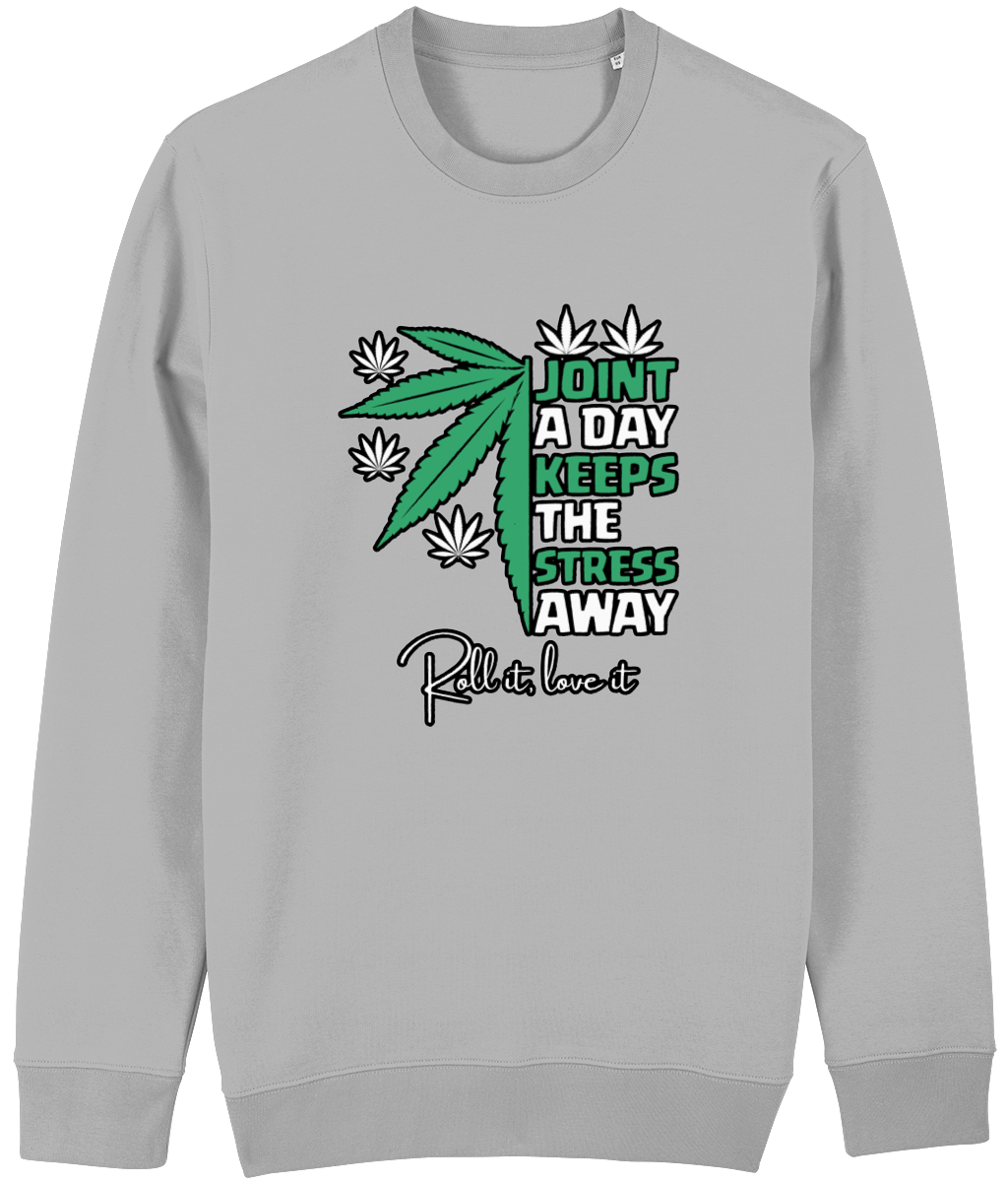 Men's Gray sweatshirt with cannabis leaf design and text on a white background