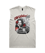 Mens light gray heather tank top featuring a graphic print of a pin-up woman, red roses, a classic car, and the text 'All School TG' in red and black.