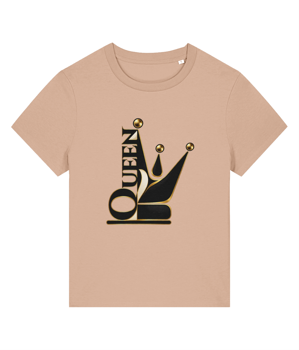 A beige short-sleeve crewneck womens t-shirt featuring a graphic print of a stylized jester crown in black and gold with the word 'QUEEN' integrated vertically, shown on a plain white background.