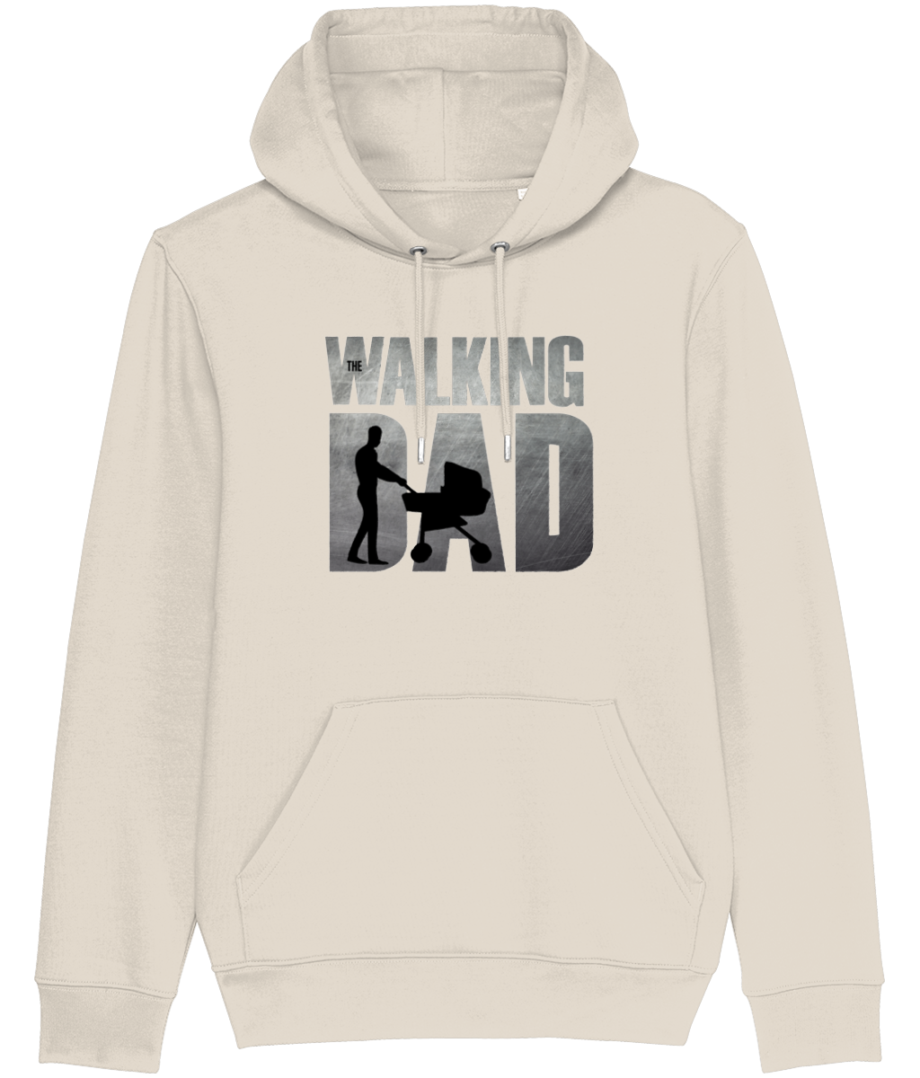 Men's Beige hoodie with 'Walking Dad' graphic design on a white background