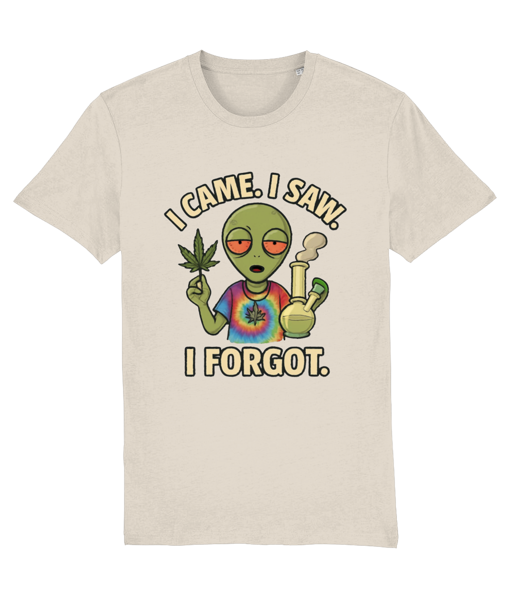 Beige t-shirt with an alien holding a cannabis leaf and joint, text 'I came. I saw. I forgot.'