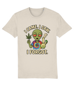 Beige t-shirt with an alien holding a cannabis leaf and joint, text 'I came. I saw. I forgot.'