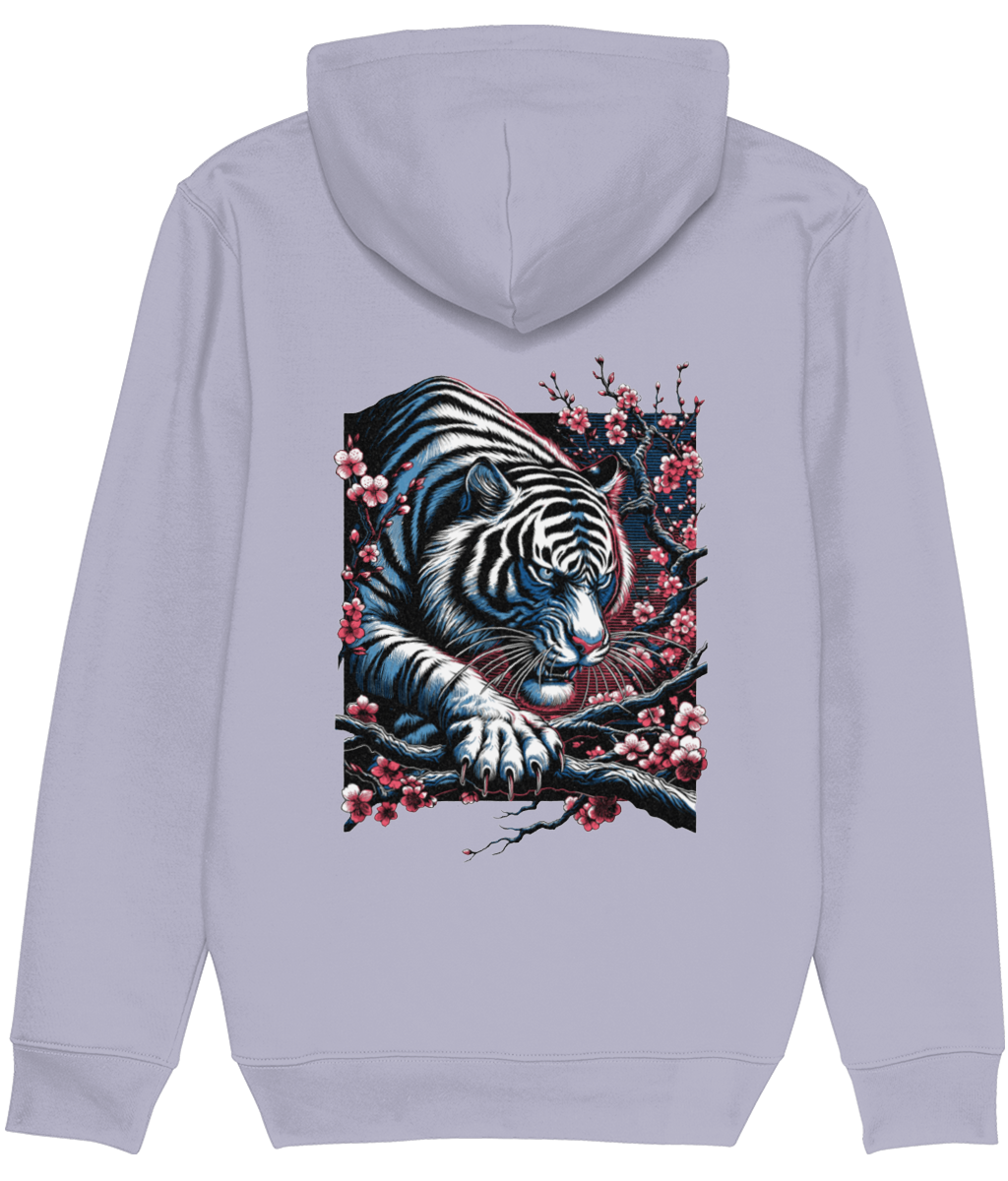 A womens light lavender-gray pullover hoodie shown from the back, featuring a large graphic print of a white tiger resting on a branch surrounded by pink blossoms.