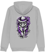 Men's Gray hoodie with a graphic design of a monkey in a suit and hat on the back, set against a white background.