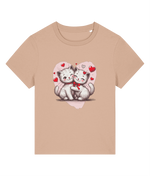 A womens beige short-sleeve crewneck t-shirt featuring a graphic print of two cute white kittens hugging inside a pink heart with red hearts.
