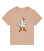 A beige short-sleeve crewneck t-shirt featuring a cartoon graphic of a goose giving the middle finger, set against a plain white background.
