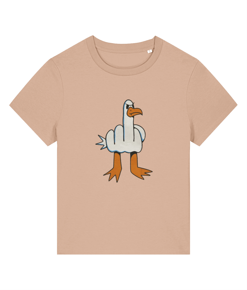 A beige short-sleeve crewneck t-shirt featuring a cartoon graphic of a goose giving the middle finger, set against a plain white background.