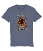 Blue t-shirt with 'Primal Gentleman' graphic design on a white background