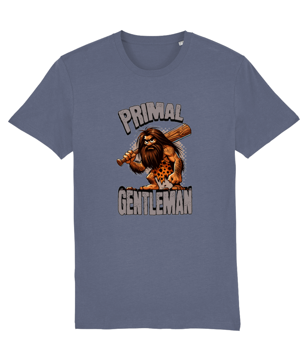 Blue t-shirt with 'Primal Gentleman' graphic design on a white background