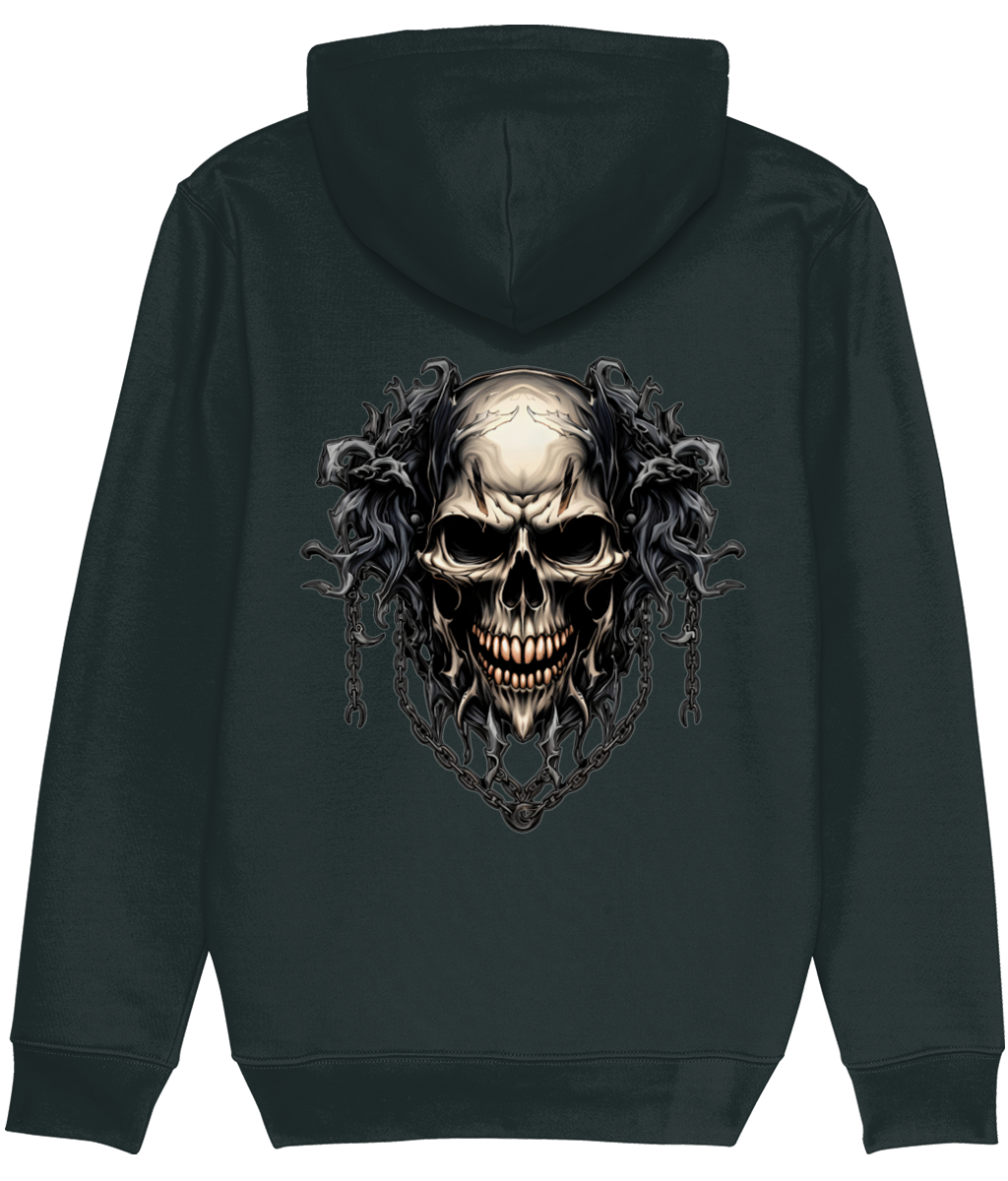 Men's Black hoodie with a skull design on the back against a white background