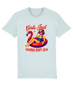 Women's Stanley/Stella Light blue t-shirt with a graphic of a woman on an inflatable flamingo and text 'Girls Just Wanna Have Sun' on a white background.