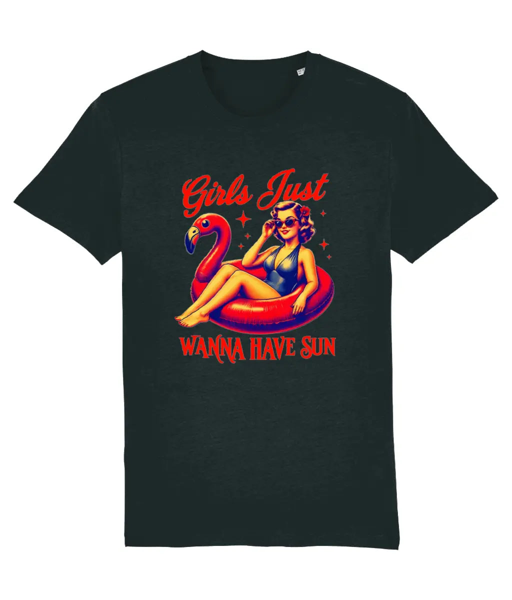 Women's Black t-shirt with a colorful graphic of a woman on an inflatable ring with a flamingo, text 'Girls Just Wanna Have Sun' on a white background.