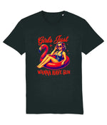 Women's Black t-shirt with a colorful graphic of a woman on an inflatable ring with a flamingo, text 'Girls Just Wanna Have Sun' on a white background.