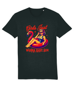Women's Black t-shirt with a colorful graphic of a woman on an inflatable ring with a flamingo, text 'Girls Just Wanna Have Sun' on a white background.