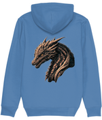 Men's Blue hoodie with a dragon design on the back against a white background