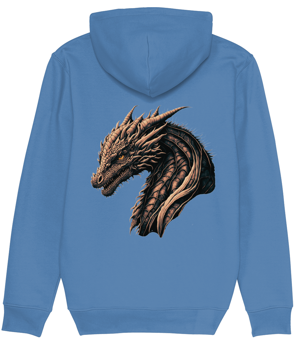 Men's Blue hoodie with a dragon design on the back against a white background