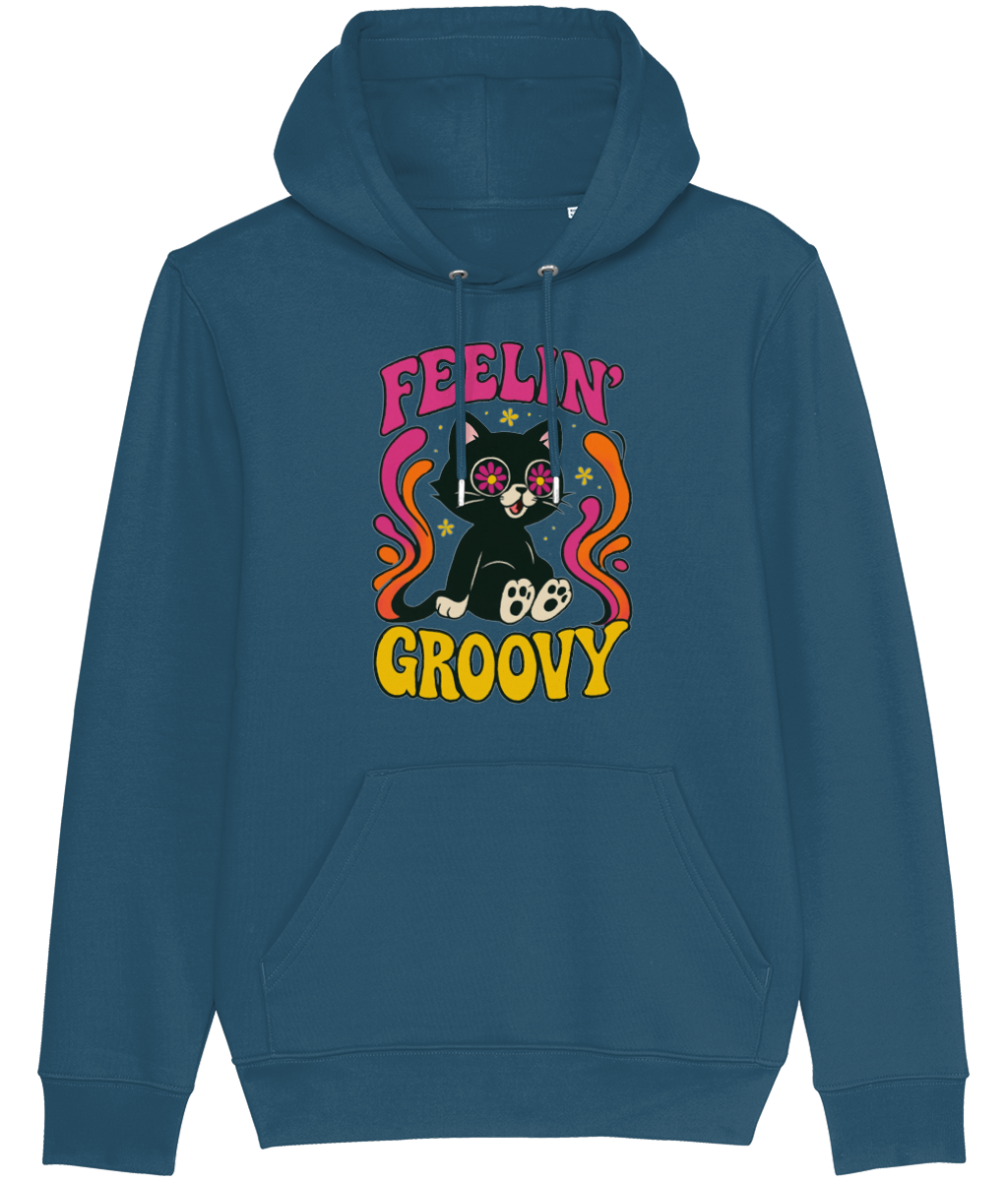 Women's Blue hoodie with a cat graphic and 'Feelin' Groovy' text on a white background